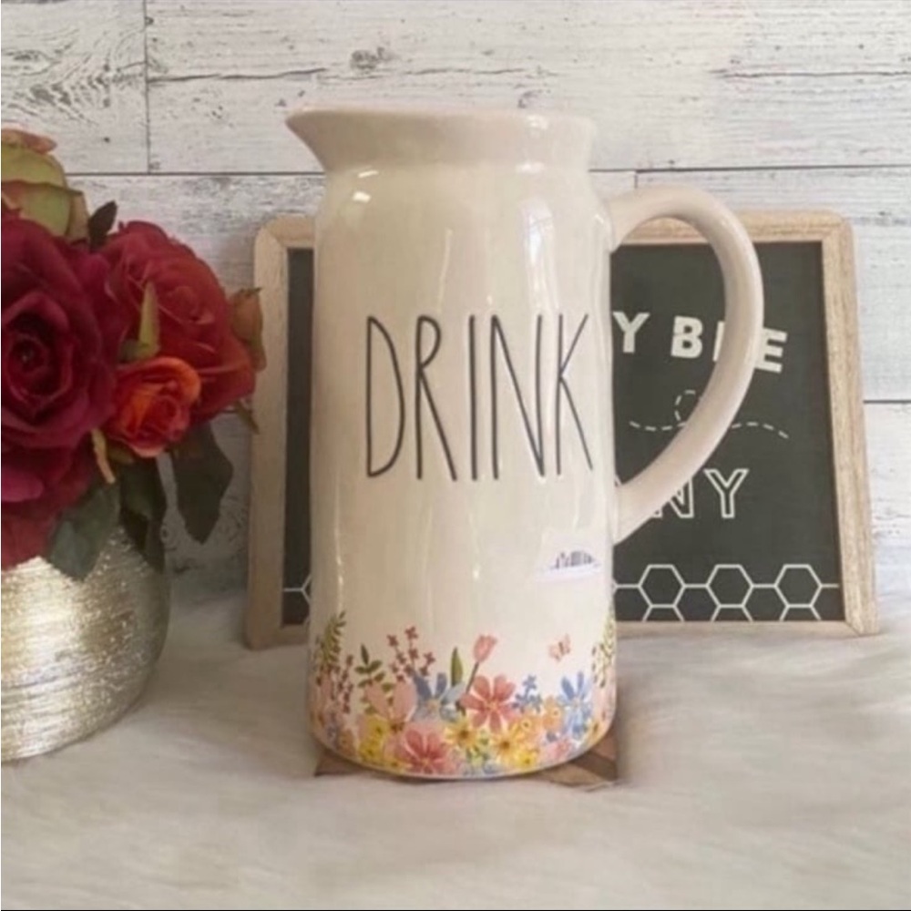 Rae Dunn Spring Summer Floral DRINK Pitcher With Waterclor Flowers